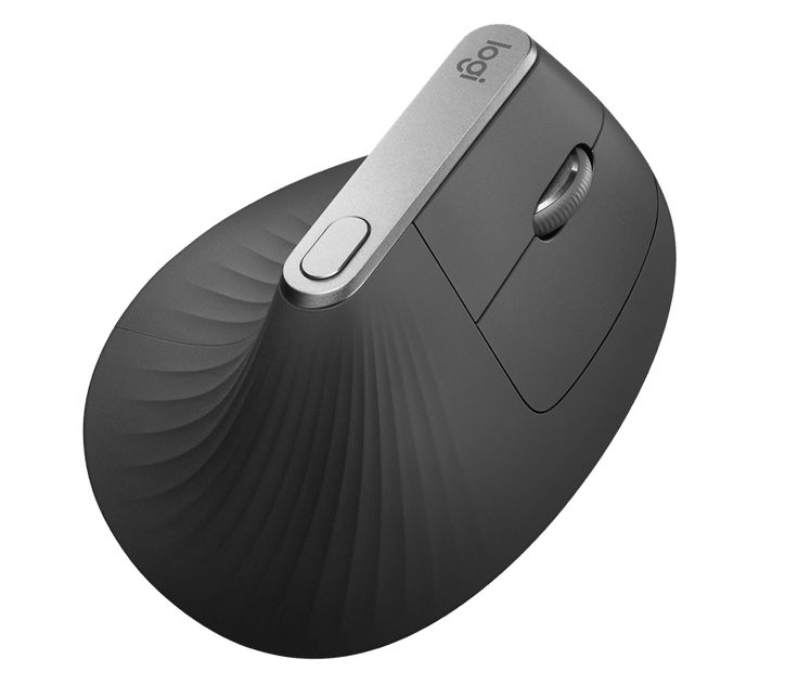 Logitech MX Vertical ergonomic mouse in black color, designed for right-handed users with a distinctive curved shape.